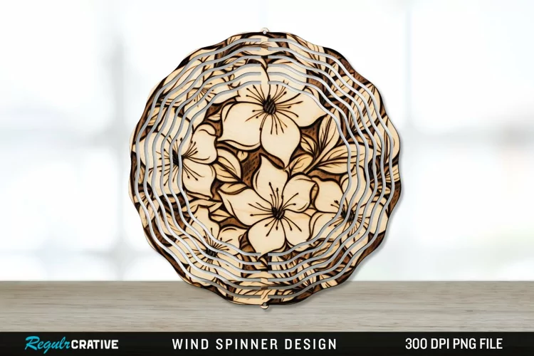 Wood Burned Jasmine Flowers Wind Spinner Sublimation PNG
