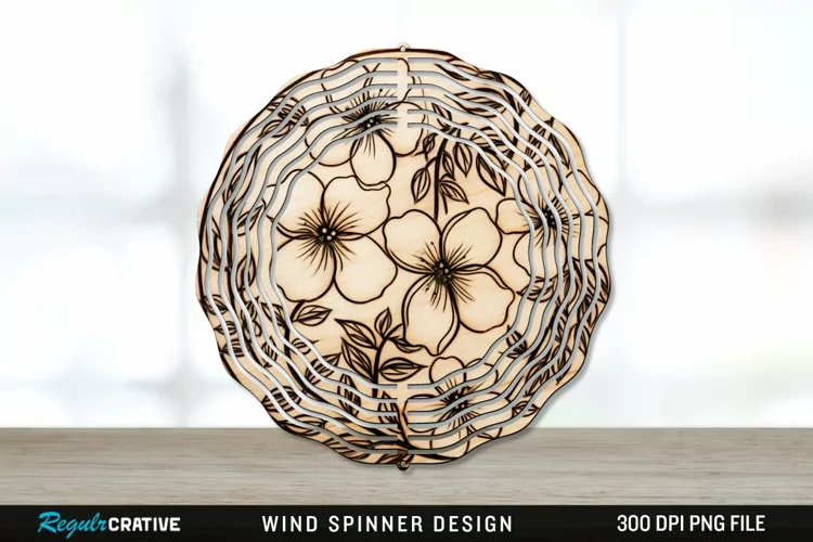 Wood Burned Jasmine Flowers Wind Spinner Sublimation PNG
