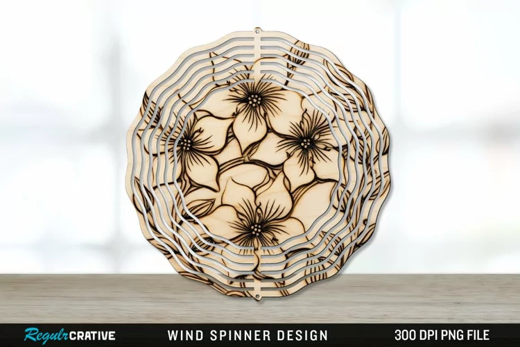 Wood Burned Jasmine Flowers Wind Spinner Sublimation PNG