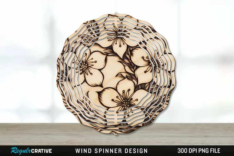 Wood Burned Jasmine Flowers Wind Spinner Sublimation PNG