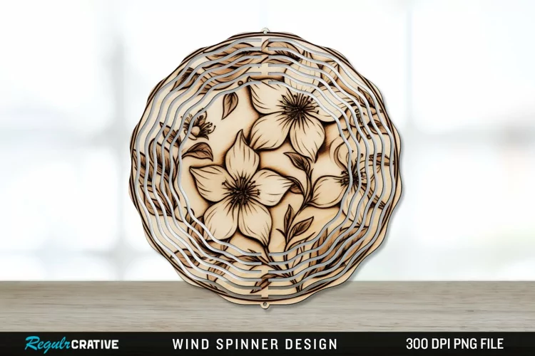Wood Burned Jasmine Flowers Wind Spinner Sublimation PNG