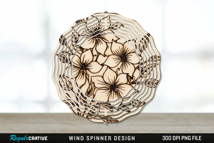 Wood Burned Jasmine Flowers Wind Spinner Sublimation PNG