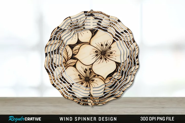 Wood Burned Jasmine Flowers Wind Spinner Sublimation PNG