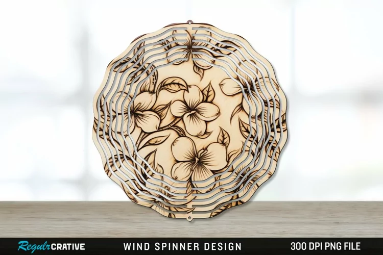Wood Burned Jasmine Flowers Wind Spinner Sublimation PNG