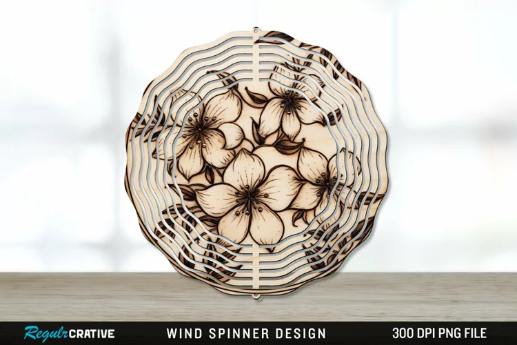 Wood Burned Jasmine Flowers Wind Spinner Sublimation PNG