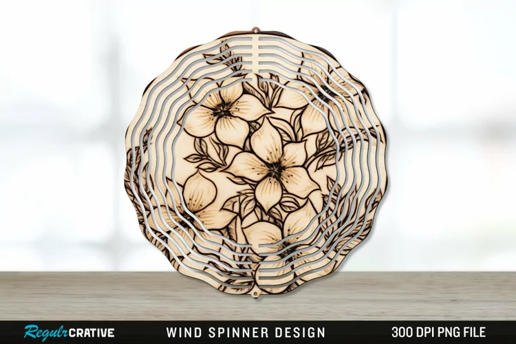 Wood Burned Jasmine Flowers Wind Spinner Sublimation PNG