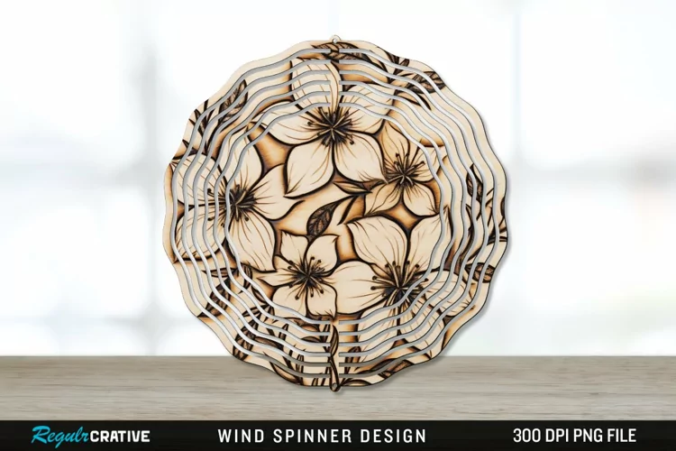 Wood Burned Jasmine Flowers Wind Spinner Sublimation PNG