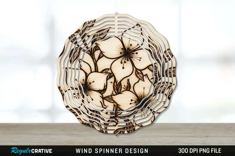 Wood Burned Jasmine Flowers Wind Spinner Sublimation PNG
