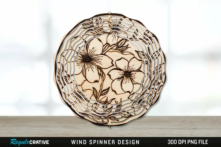 Wood Burned Jasmine Flowers Wind Spinner Sublimation PNG