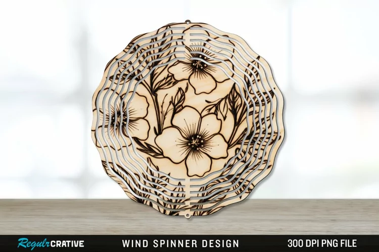 Wood Burned Jasmine Flowers Wind Spinner Sublimation PNG