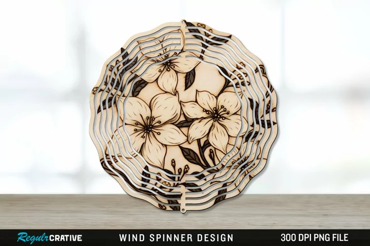 Wood Burned Jasmine Flowers Wind Spinner Sublimation PNG