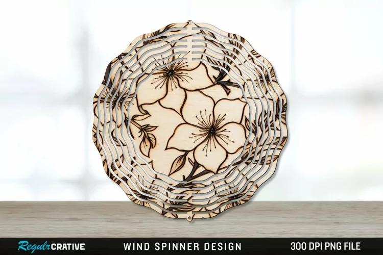 Wood Burned Jasmine Flowers Wind Spinner Sublimation PNG