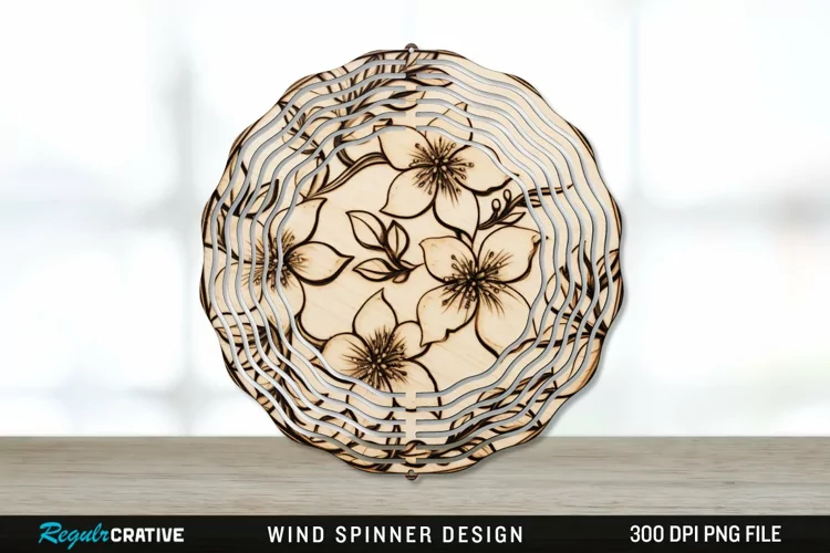Wood Burned Jasmine Flowers Wind Spinner Sublimation PNG