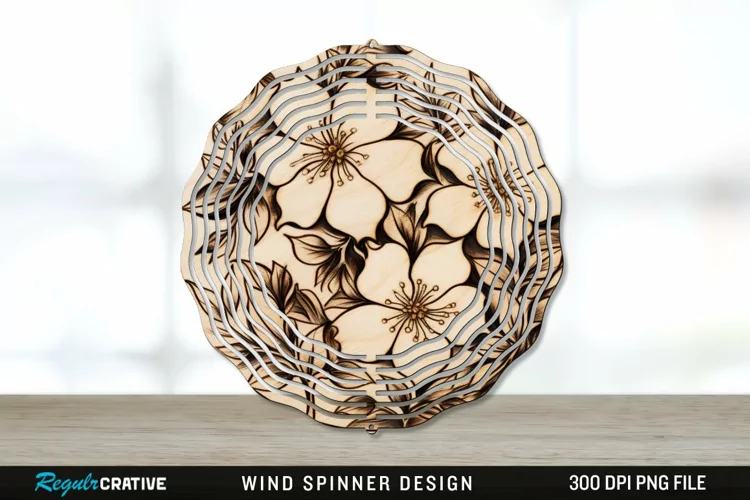 Wood Burned Jasmine Flowers Wind Spinner Sublimation PNG