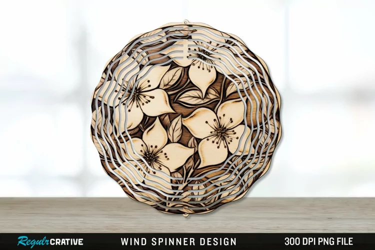 Wood Burned Jasmine Flowers Wind Spinner Sublimation PNG