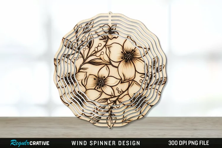 Wood Burned Jasmine Flowers Wind Spinner Sublimation PNG