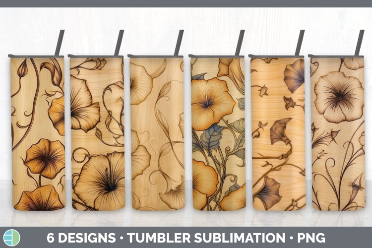 Wood Burned Morning Glory Flowers Tumbler | Sublimation 20 o