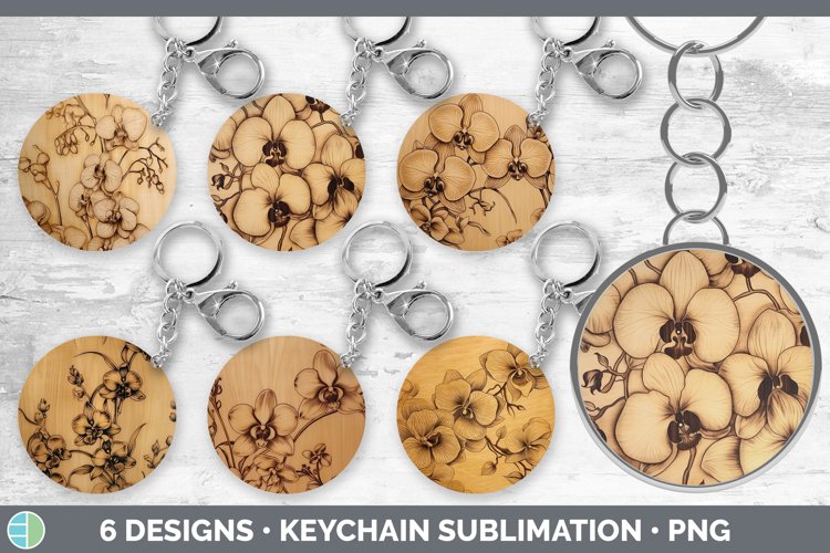 Wood Burned Orchid Flowers Keychain | Sublimation Keyring De