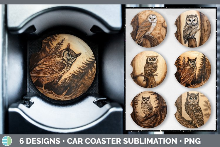 Wood Burned Owl Bird Car Coaster | Sublimation Coaster Desig