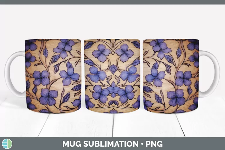 Wood Burned Periwinkle Flowers Mug Wrap | Sublimation Coffee