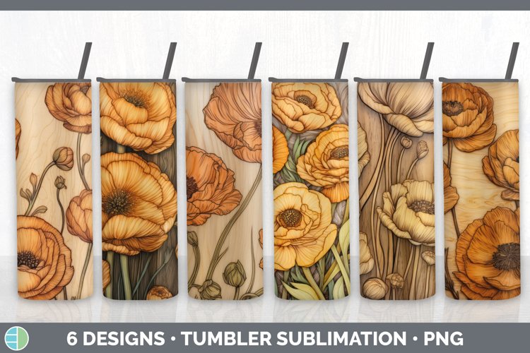 Wood Burned Ranunculus Flowers Tumbler | Sublimation 20 oz S