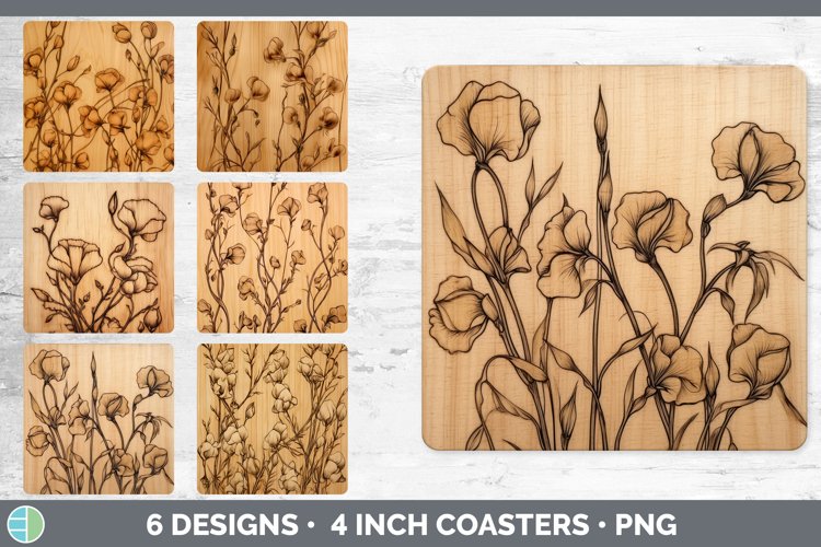 Bundle of six Pyrographic Sweet Peas Square Coaster designs.