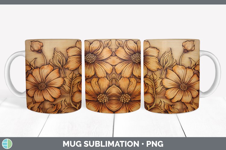 Wood Burned Zinnia Flowers Mug Wrap | Sublimation Coffee Cup