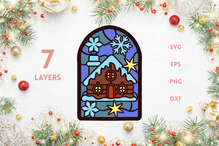 Wood Christmas Cottage with snowflakes - Stained glass SVG