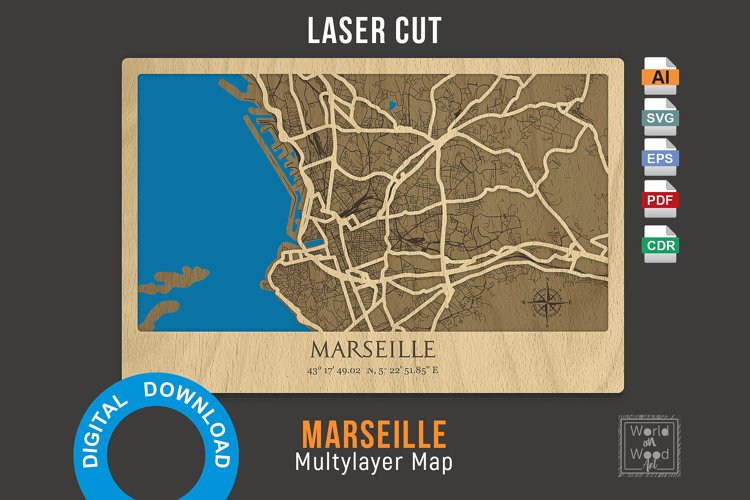 Marseille 3d Map - Wood Multilayer Laser Cut files example image 1