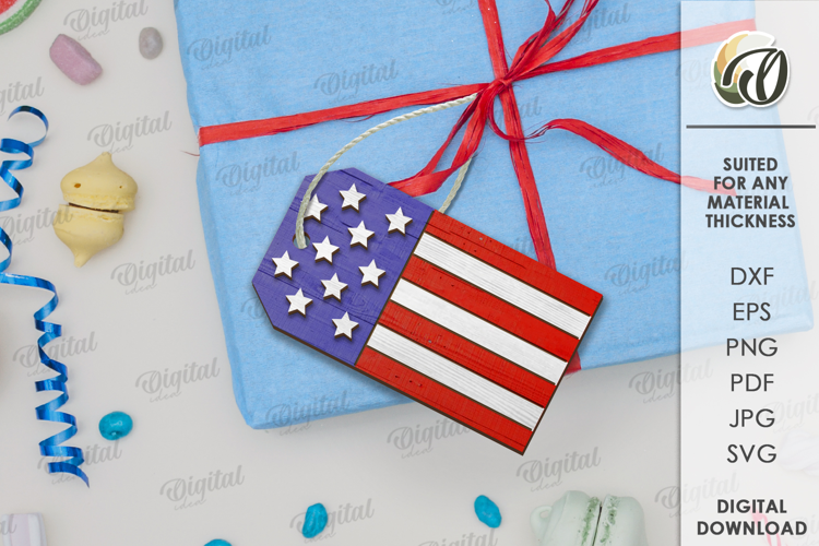 Wooden 4th of July gift tag Laser Cut. American flag SVG