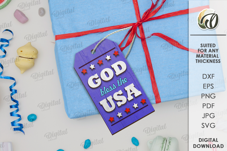 Wooden 4th of July gift tag Laser Cut. Gob bless the USA SVG