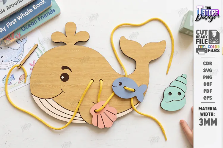 Wooden Animal Lacing Toy Laser Cut | Montessori | Whale SVG