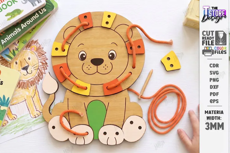Wooden Animal Lacing Toy Laser Cut | Montessori | Lion SVG