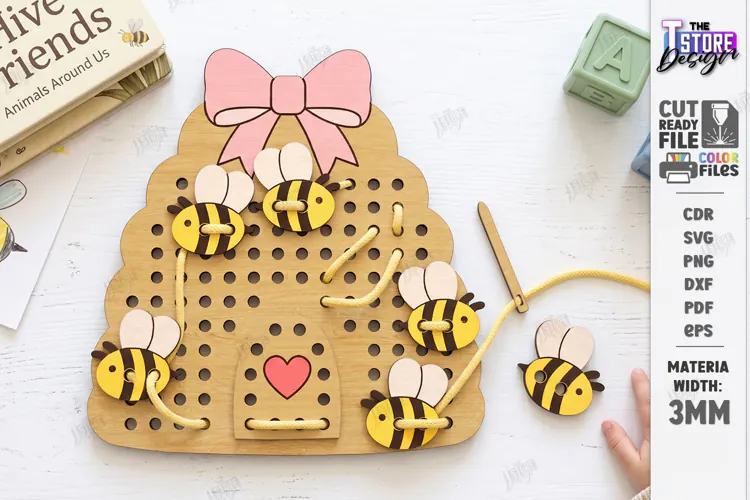 Wooden Animal Lacing Toy Laser Cut | Montessori | Bee SVG