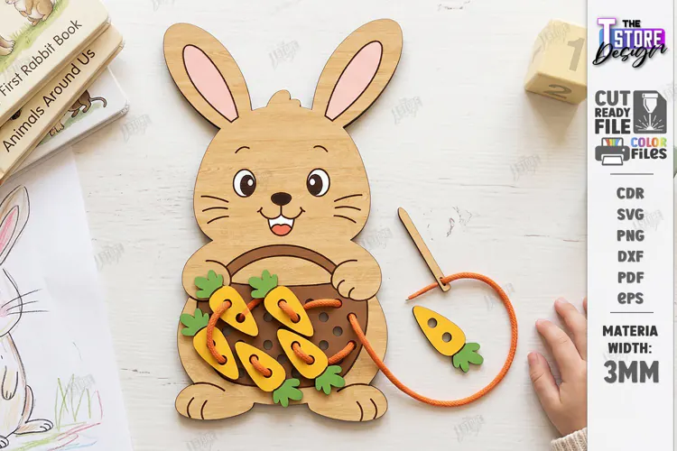Wooden Animal Lacing Toy Laser Cut | Montessori | Bunny SVG