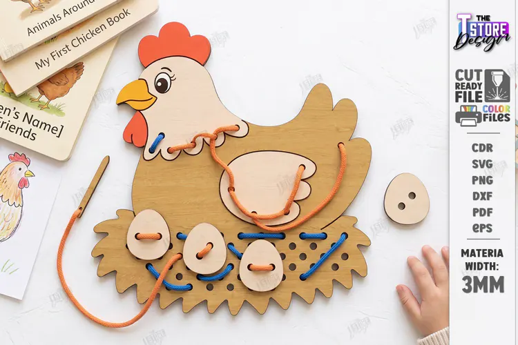 Wooden Animal Lacing Toy Laser Cut | Montessori | Chicken