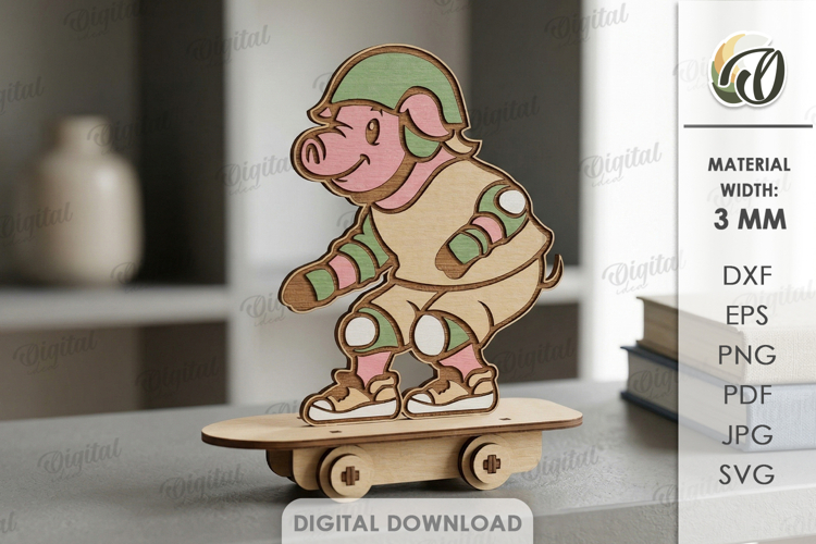 3D Animal On Skateboard Laser Cut. Kids toy. Pig SVG example image 1