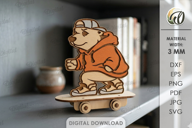 3D Animal On Skateboard Laser Cut. Kids toy. Bear SVG example image 1