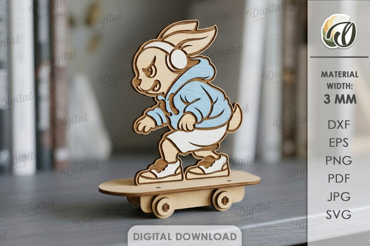 3D Animal On Skateboard Laser Cut. Kids toy. Bunny SVG example image 1