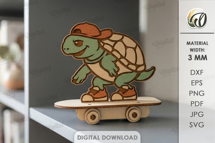 3D Animal On Skateboard Laser Cut. Kids toy. Turtle SVG example image 1