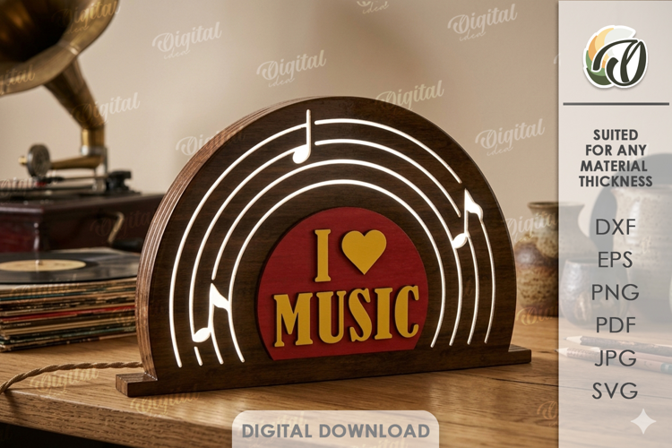 3D Music Night Lamp Laser Cut. Night Light. Vinyl Record SVG