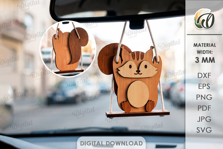 3D Squirrel Car Charm Laser Cut. Car Accessory SVG