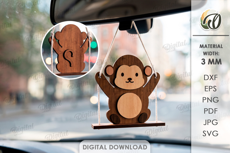 3D Monkey Car Charm Laser Cut. Car Accessory SVG