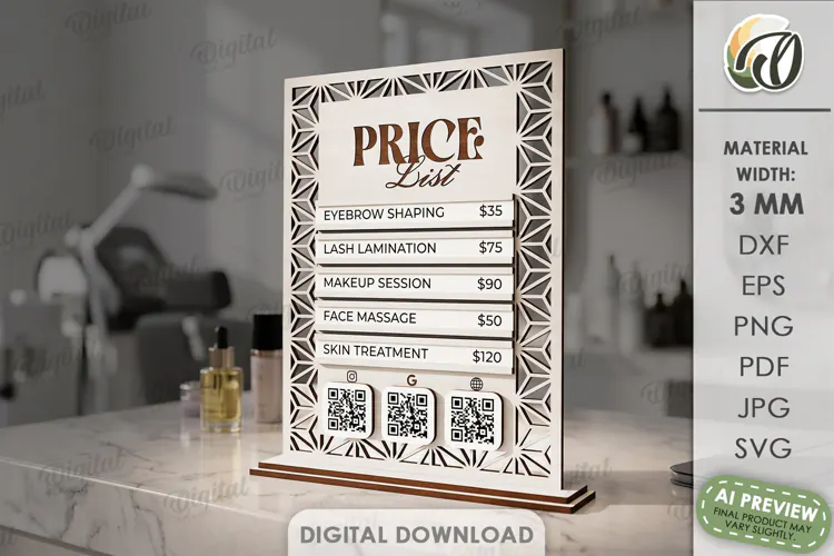 Business Sign Laser Cut. Standing Decor. Price List Sign SVG