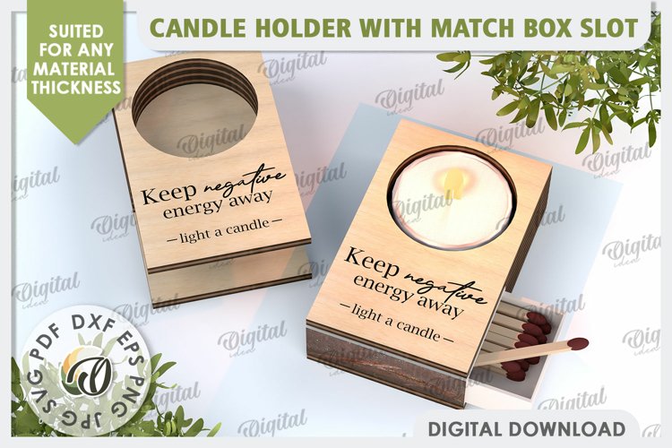 Wooden Candle Holder with Match Box Slot Laser Cut