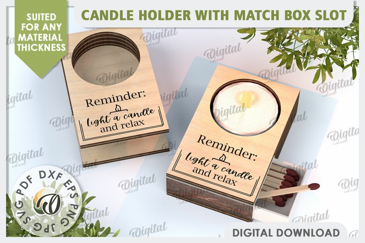 Wooden Candle Holder with Match Box Slot Laser Cut