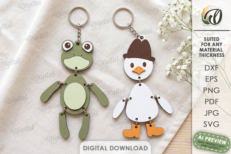 Frog and Duck Keychains Laser Cut. Animals Key Ring SVG