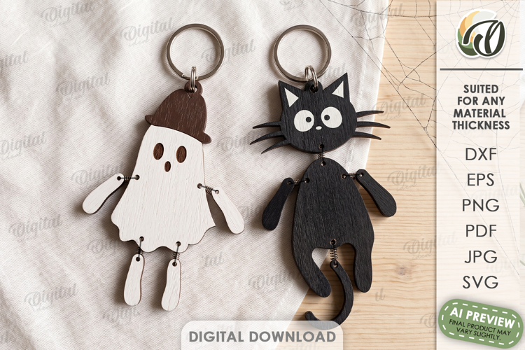 Ghost and Cat Keychains Laser Cut. Halloween Key Ring SVG