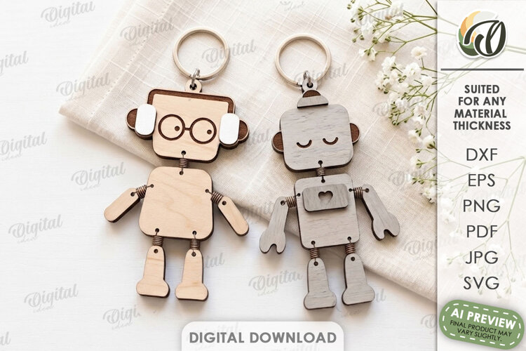 Robots Keychains Laser Cut. Robot Key Ring SVG example image 1