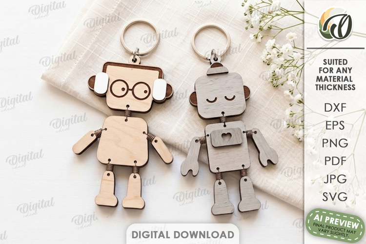 Robots Keychains Laser Cut. Robot Key Ring SVG